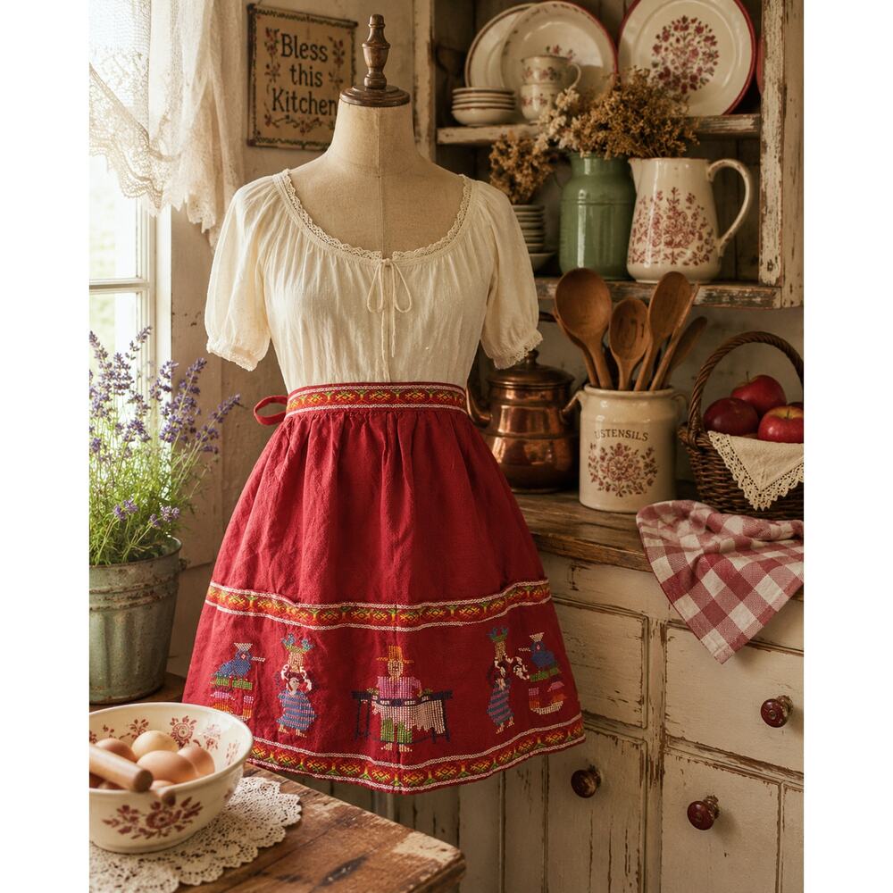 Vintage Guatemalan Embroidered Folk Art Half Apron